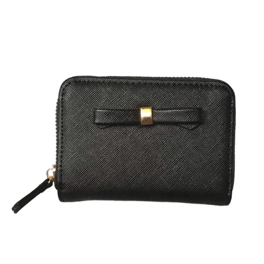 Mini Wallet Black with Gold Hardware Zips Bow Compact